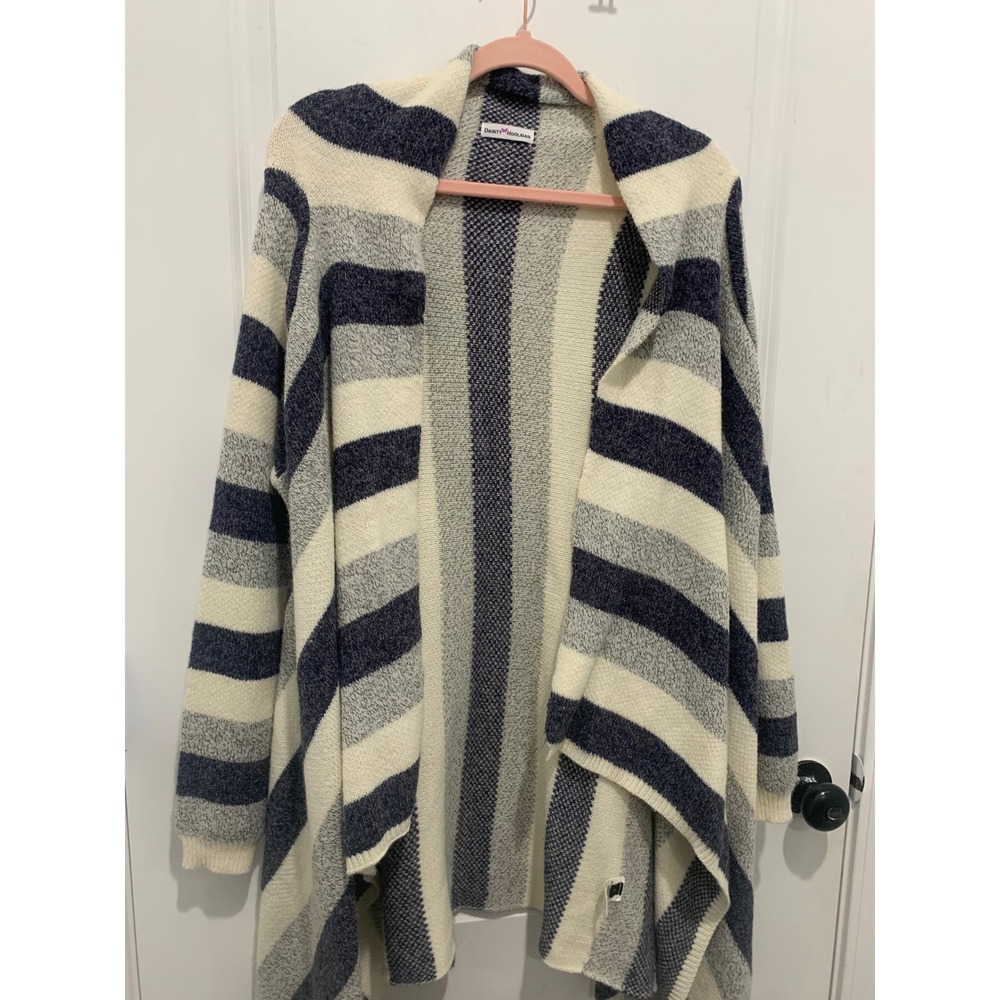 Dainty Hooligan Striped Open Front Waterfall Cardigan Navy Grey Cream Large